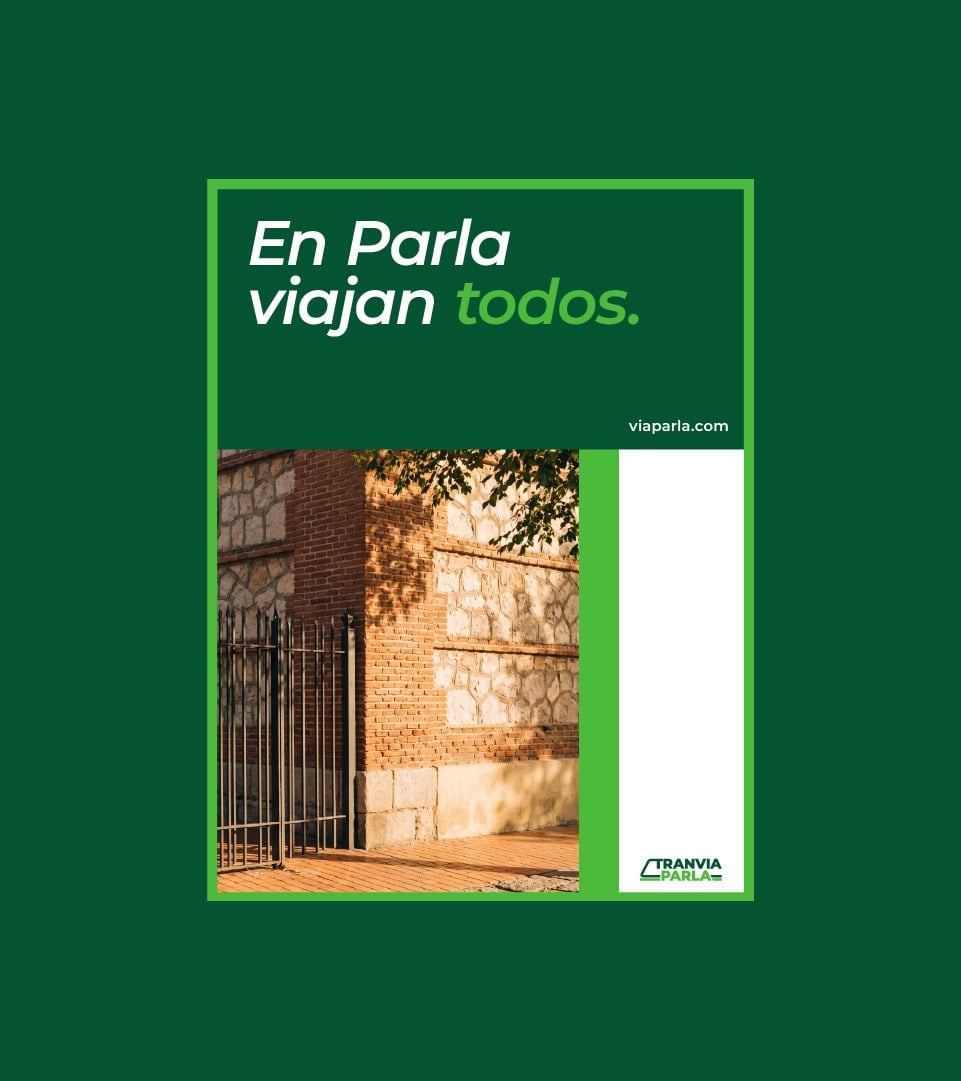 Cartel vertical En Parla viajan todos de Tranvía de Parla, identidad de Baud