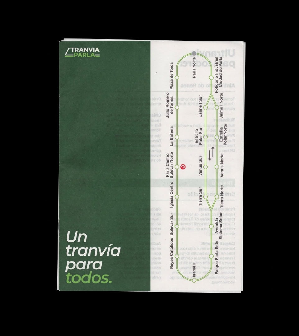 Folleto con el plano de la red de Tranvía de Parla, diseño de Baud