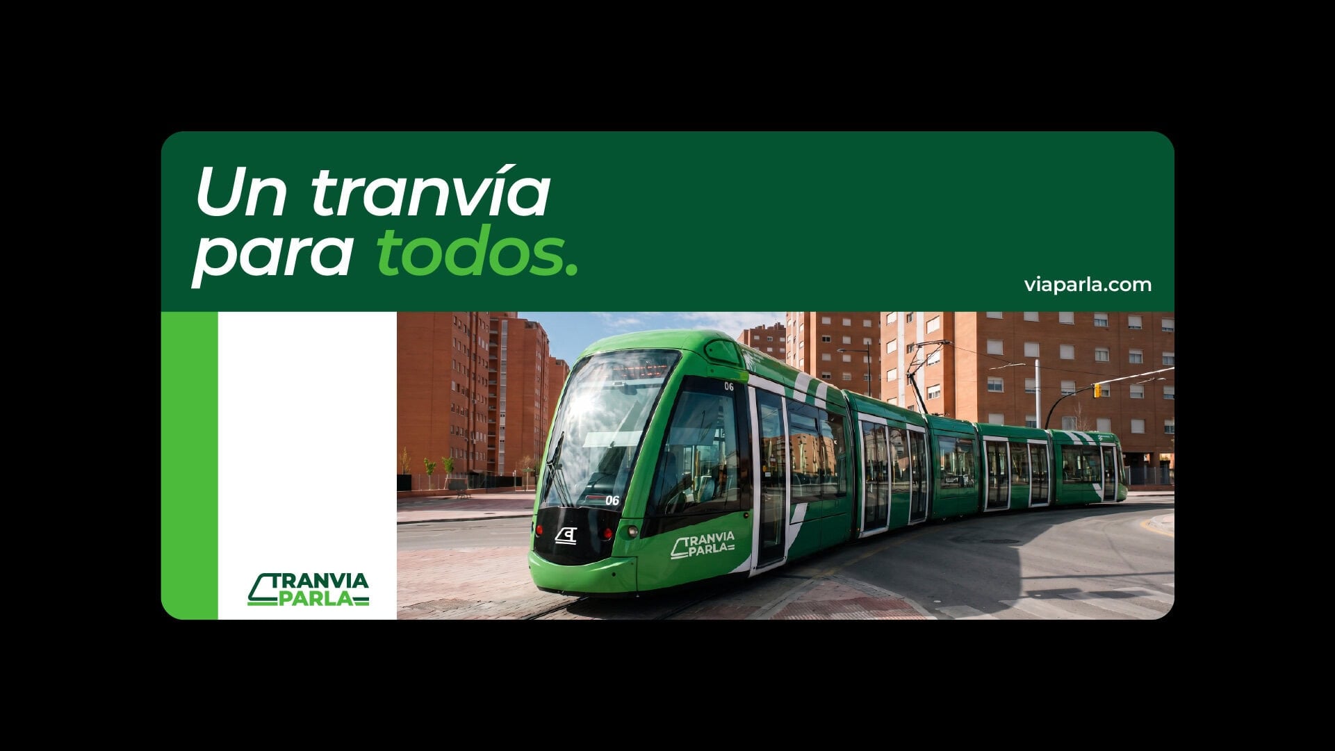 Cartel horizontal Un tranvía para todos con el tranvía de Parla, diseño de Baud