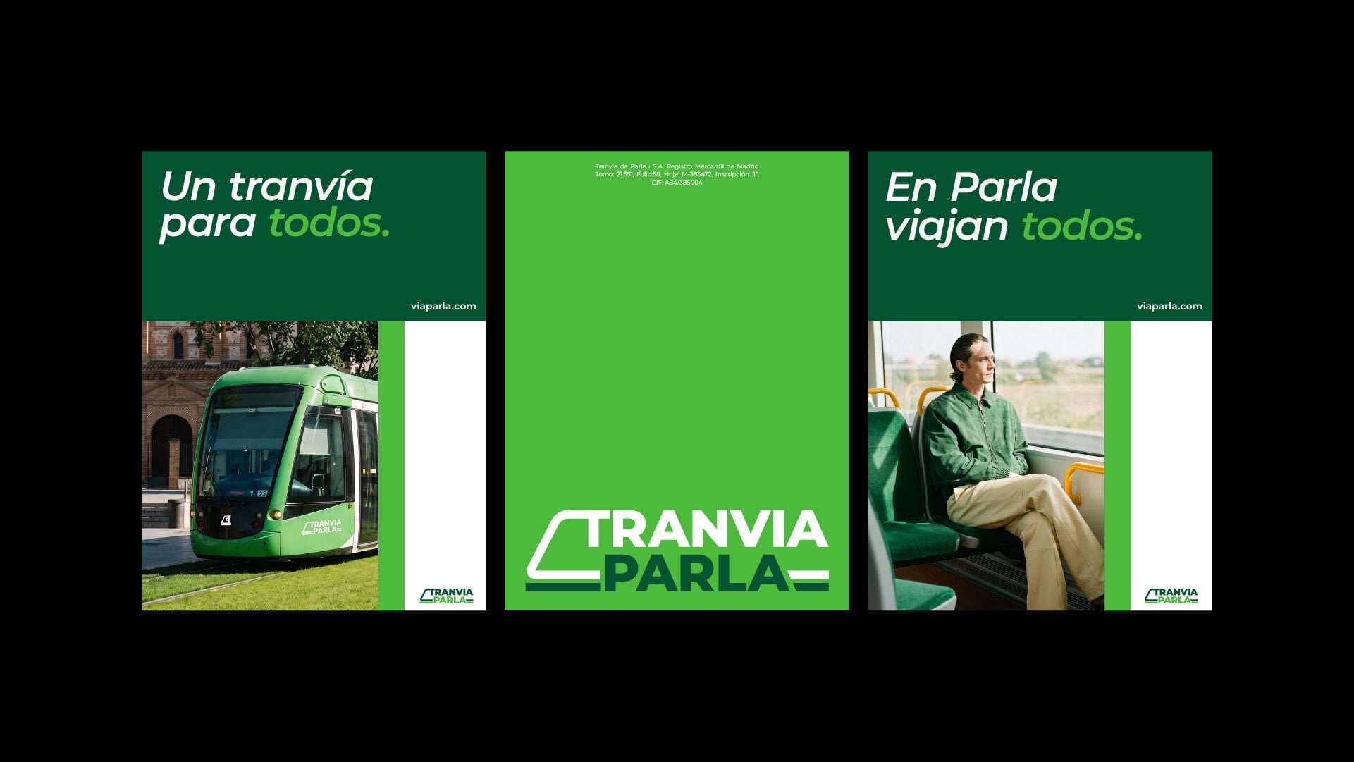 Serie de carteles de campaña de Tranvía de Parla con el nuevo sistema visual de Baud